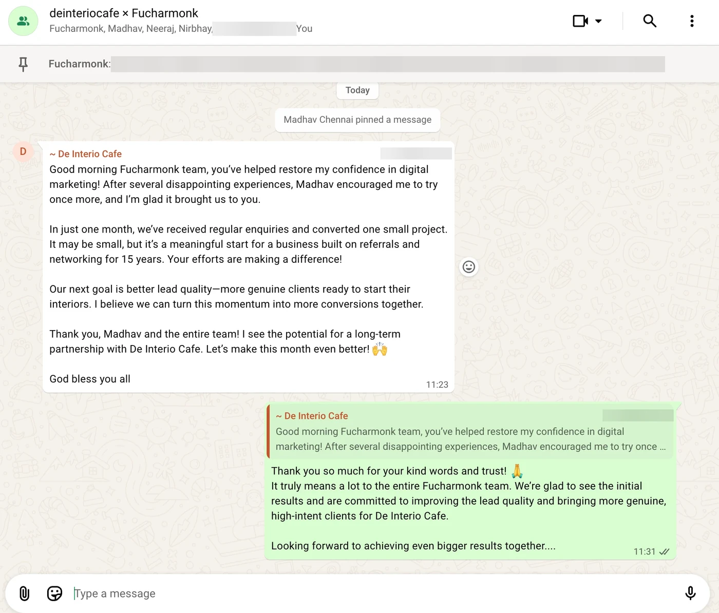 WhatsApp message from De Interio Cafe to the Fucharmonk team, thanking them for regular enquiries and a first converted project within one month